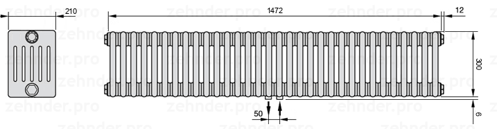 Схема (чертеж) Радиатор Zehnder Charleston 6030/32 №5410 Белый глянцевый RAL 9016